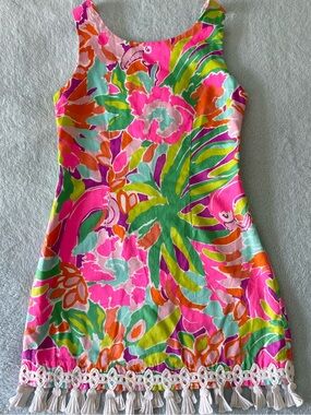 Lilly Pulitzer Shift Dress with Tassel Hem Flamingo Print size 7